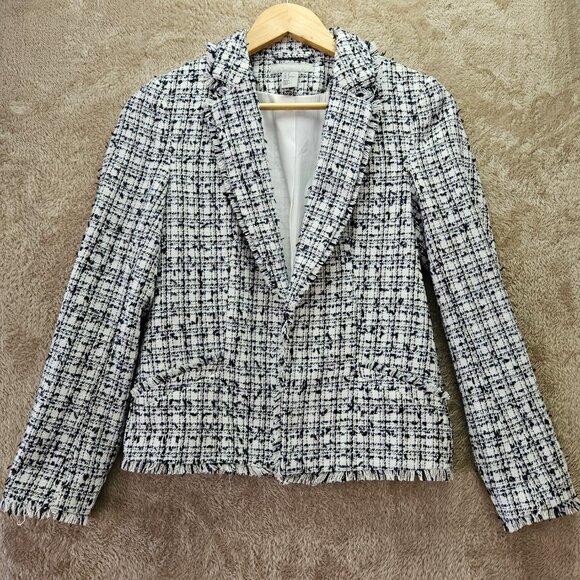 H&M Jackets & Blazers - H&M Textured Tweed White Blue Weave Blazer Jacket Women's Size 4